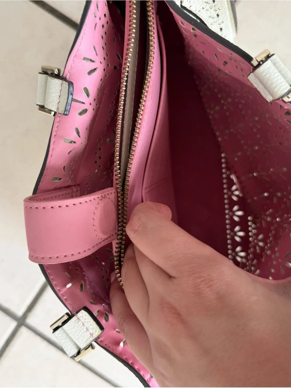 kate spade Cream Tote with Pink Interior and Tassel Detail